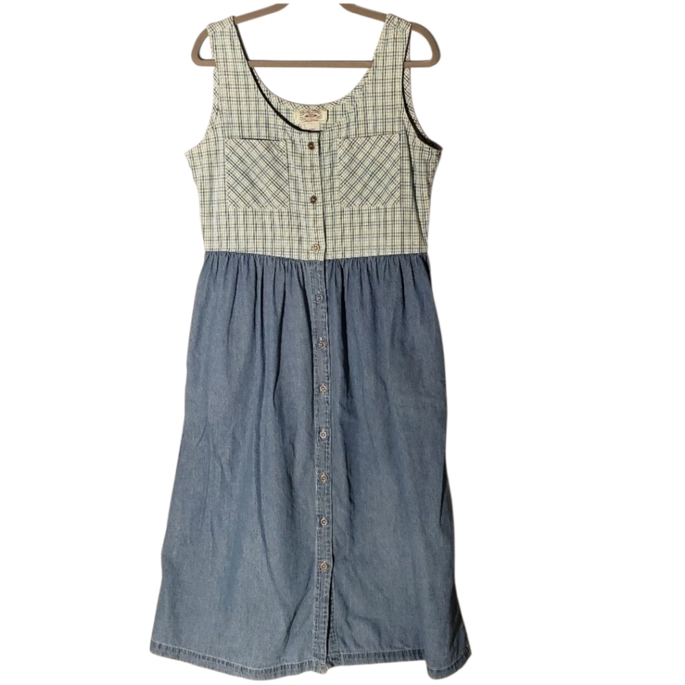 Vintage 1980's Denim and Plaid Midi Maxi Dress Cottage Granny Core Size 9/10